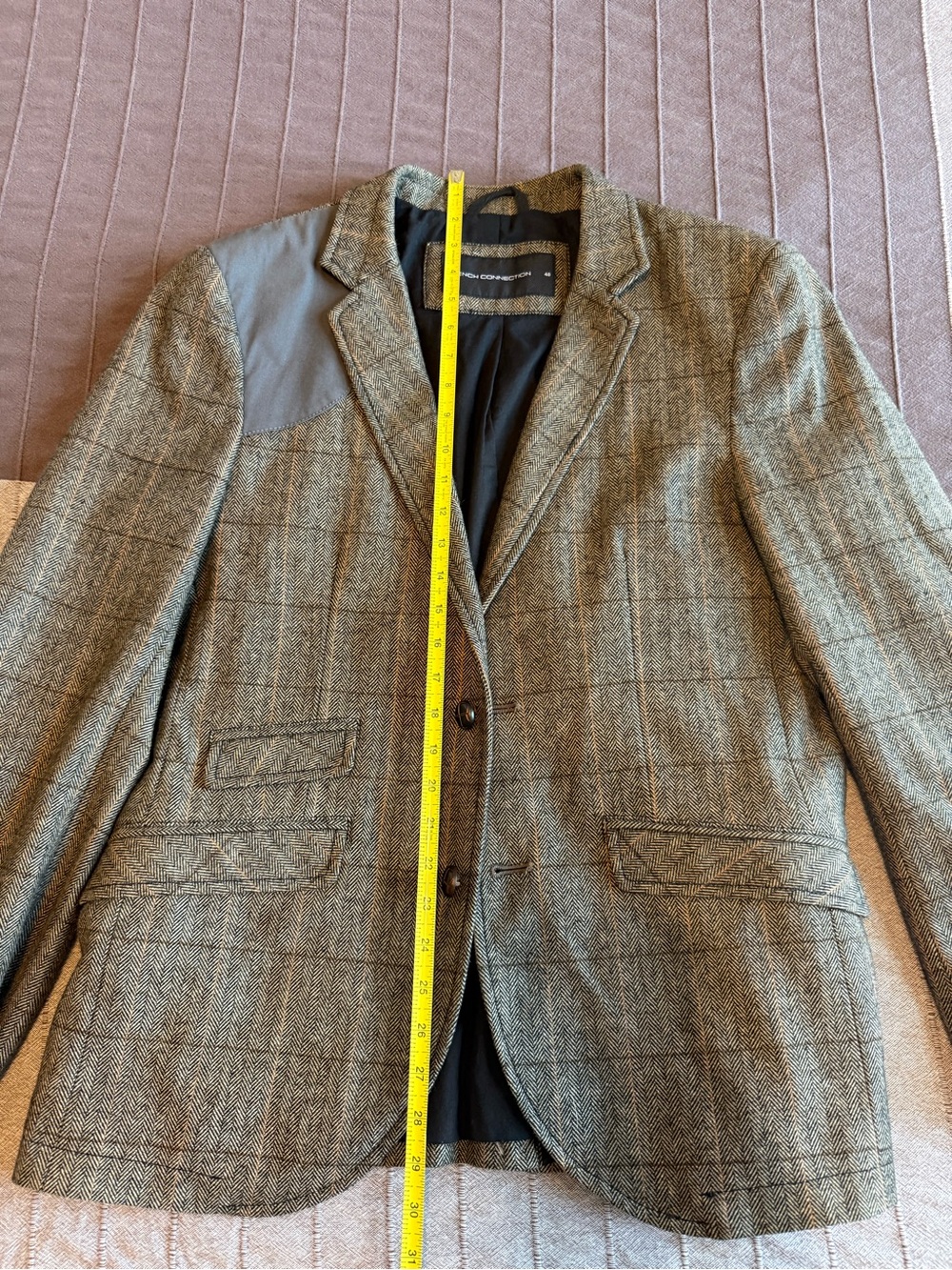 French Connection Grey Windowpane Tweed Sport Coat with Shoulder Patch